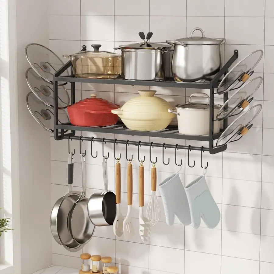 

30 Pot Rack Wall Mounted with 6 Detachable Pot Lid Holders,12 Adjustable S Hooks for Hanging Pans,2 Tier Black Heavy Duty Metal