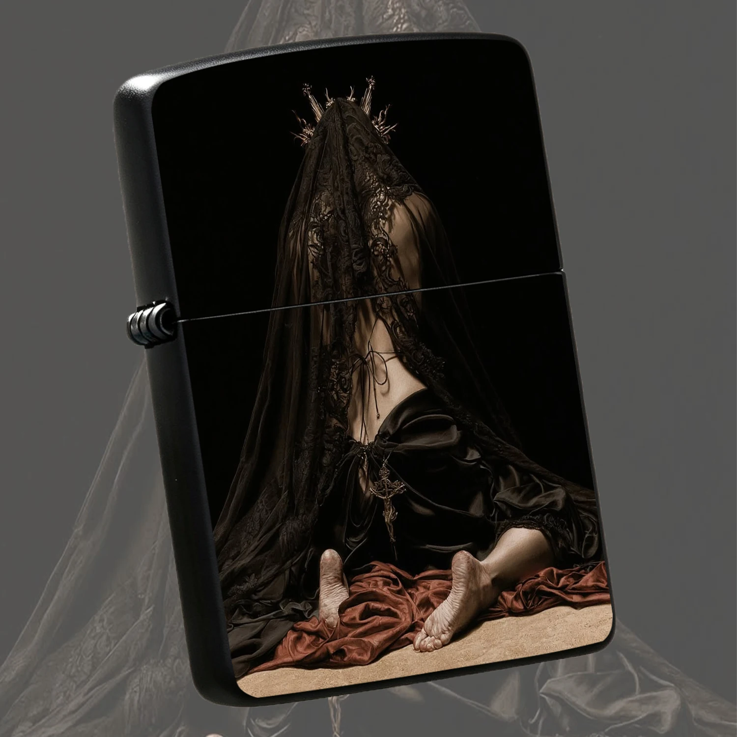 Dark Retro Black Virgin Mary Art Print Lighter, Gothic Aesthetic Creative Personal Accessory, Portable For Daily Outdoor Use, Ideal For Gifting Collection, Niche Textured Cool Decor For Multiple Scenarios A Humorous And Interesting Lighter