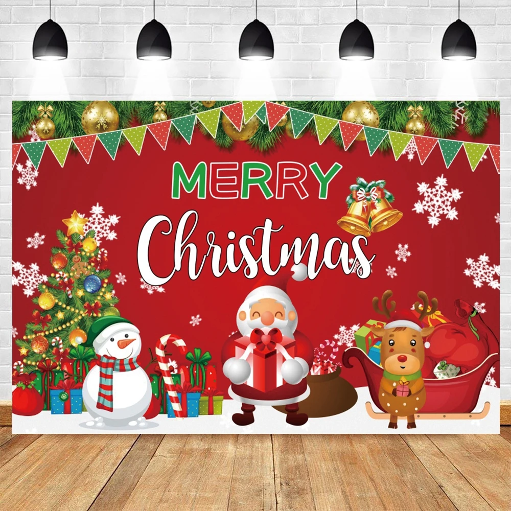 Merry Christmas Backdrop Cartoon Santa Claus Reindeer Sled Red Bell Wreath Baby Kids Birthday Party Photography Background Decor