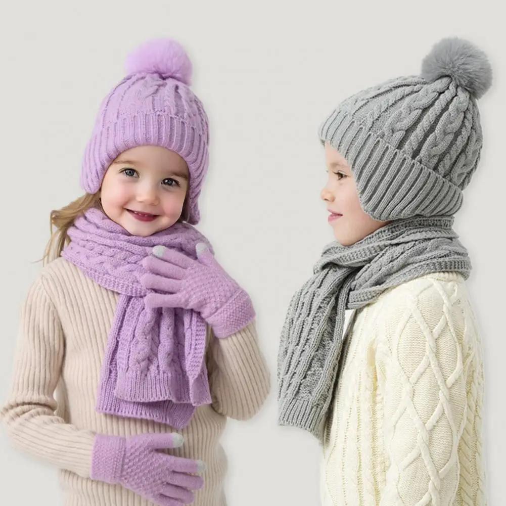 Knitted Hat Scarf Glove Set 3pcs Kids Winter Accessories Set Plush Ball Hat Twist Texture Scarf Warm Gloves for Weather Cozy