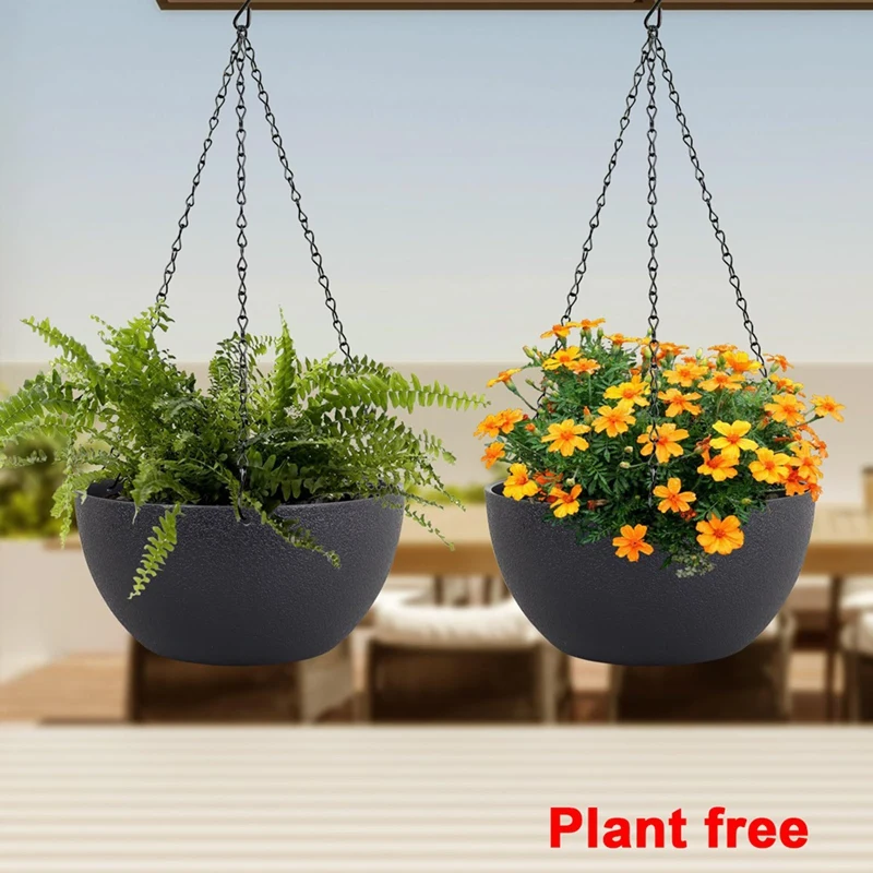 2Pcs Large Hanging Planter Plant Pots For Outdoor Indoor Plants With Drainage Holes And Chain, Round Hanging Flower Pots