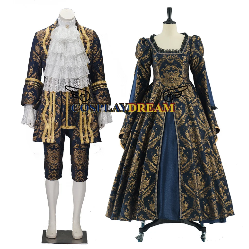 Men Women Tudor Elizabethan Ball Gown Luxurious Victorian Rococo Dress Historical Embroidery Navy Blue Masquerade Luxury Suit