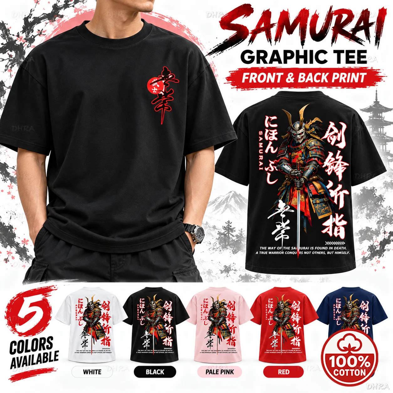 Japanese Style Street T-Shirt Men's Summer Cotton Short Sleeve Warrior Graphic Tee