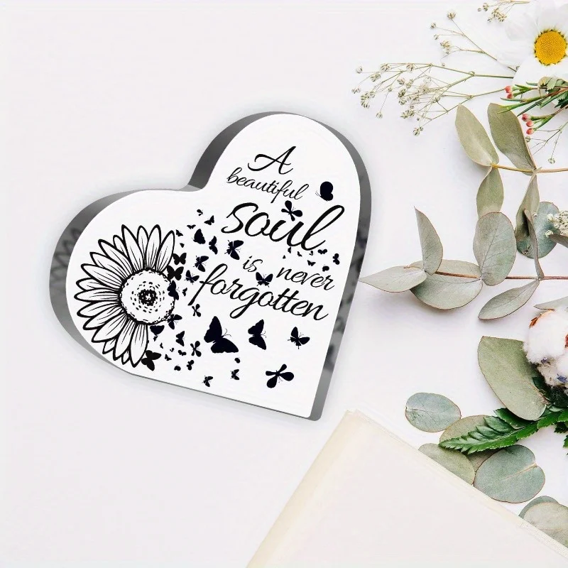 2D Flat, Heart-Shaped Sympathy Memorial Gift - Beautiful Soul Never Forgotten - Funeral Decor, Bereavement Keepsake with