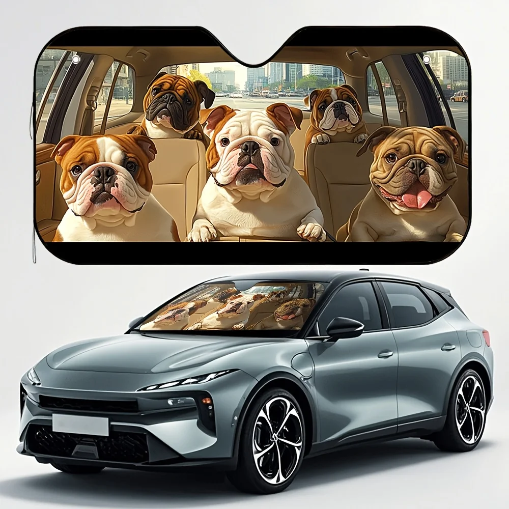 

1pc Bulldog Car Sunshade Design - Keeps Your Car Cool With 4 Free Suction Cups, Foldable & Easy To Install, Polyester Material,