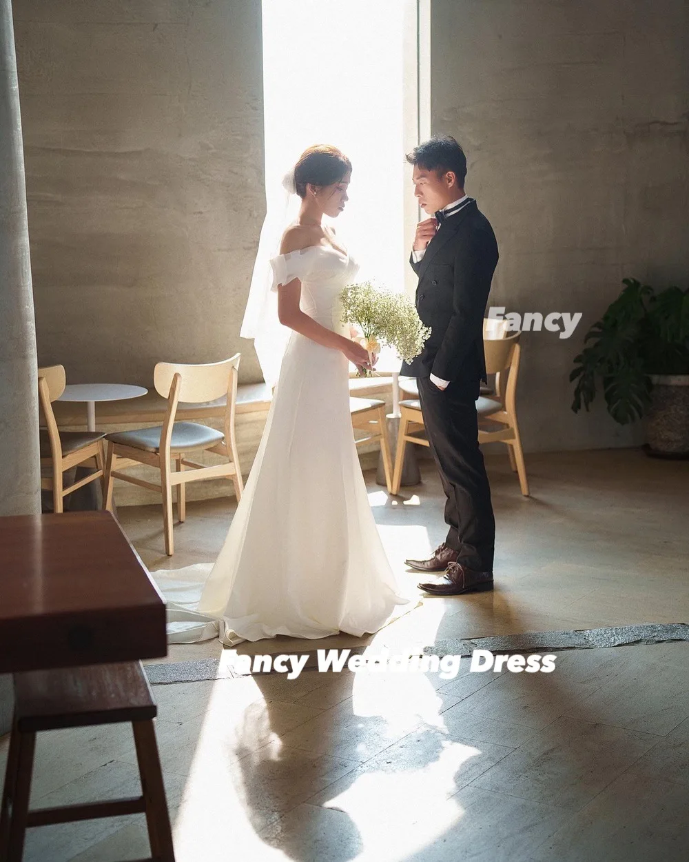 يتوهم كوريا الأميرة قبالة الكتف فستان الزفاف ألف خط مطاطا الساتان ثوب الزفاف الخلفي مشد ذيل طويل مخصص ستنسينغدريس #5