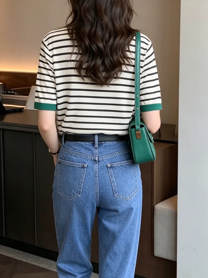 Women's Classic Black And White Striped Top with Contrasting Green Border round Neck Short Sleeved Casual Commuting Daily Wear