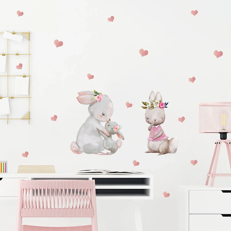 

Boho Cartoon Mum Baby Bunny Heart Pink Nursery Wall Stickers DIY Living Room Home Decor Art Eco-frienly Decals PVC Murals