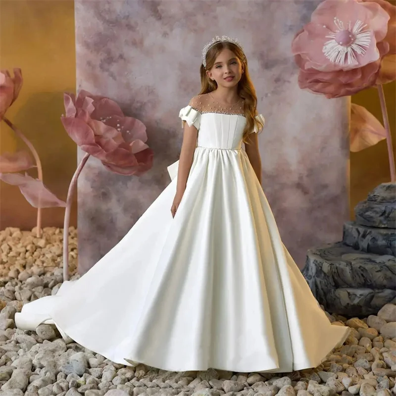 Baby Kids Princess Satin Beading Bow Flower Girl Dress Children First Communion Dress Ball Gown Wedding Party Dress Birthday