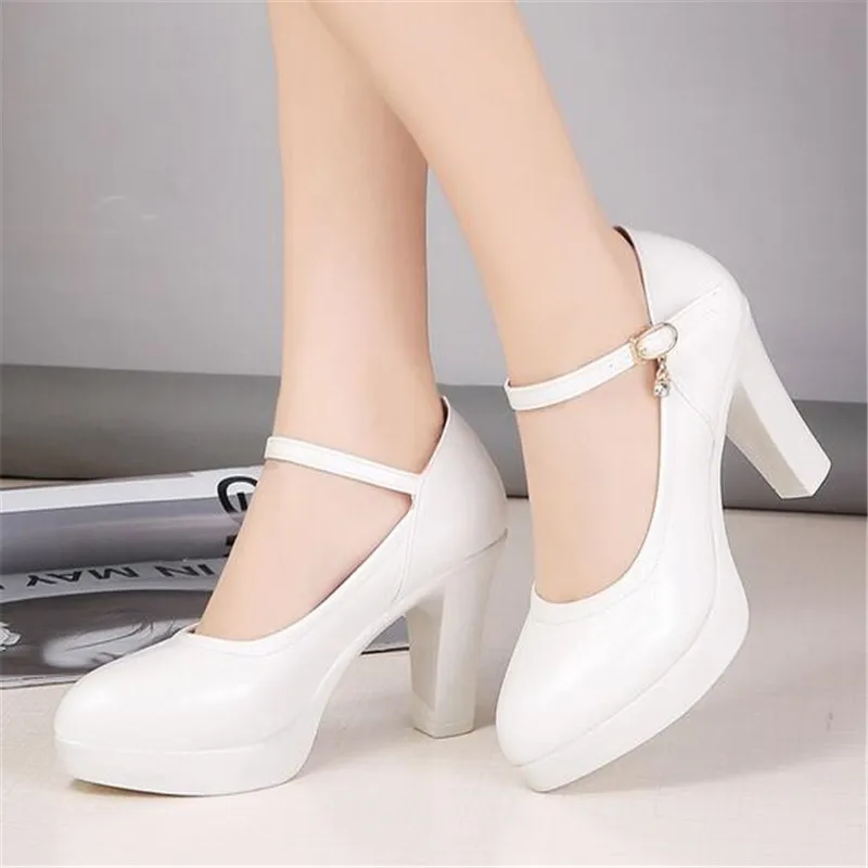 high heels platform pumps women 2023 spring new fashion buckle solid black shoes woman PU leather waterproof shoes femme
