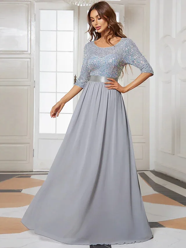 Robe trapèze en tulle pour la mère de la mariée, robe élégante, grande taille, col bijou, longueur au sol, manches 2025, invité de mariage, 3/4