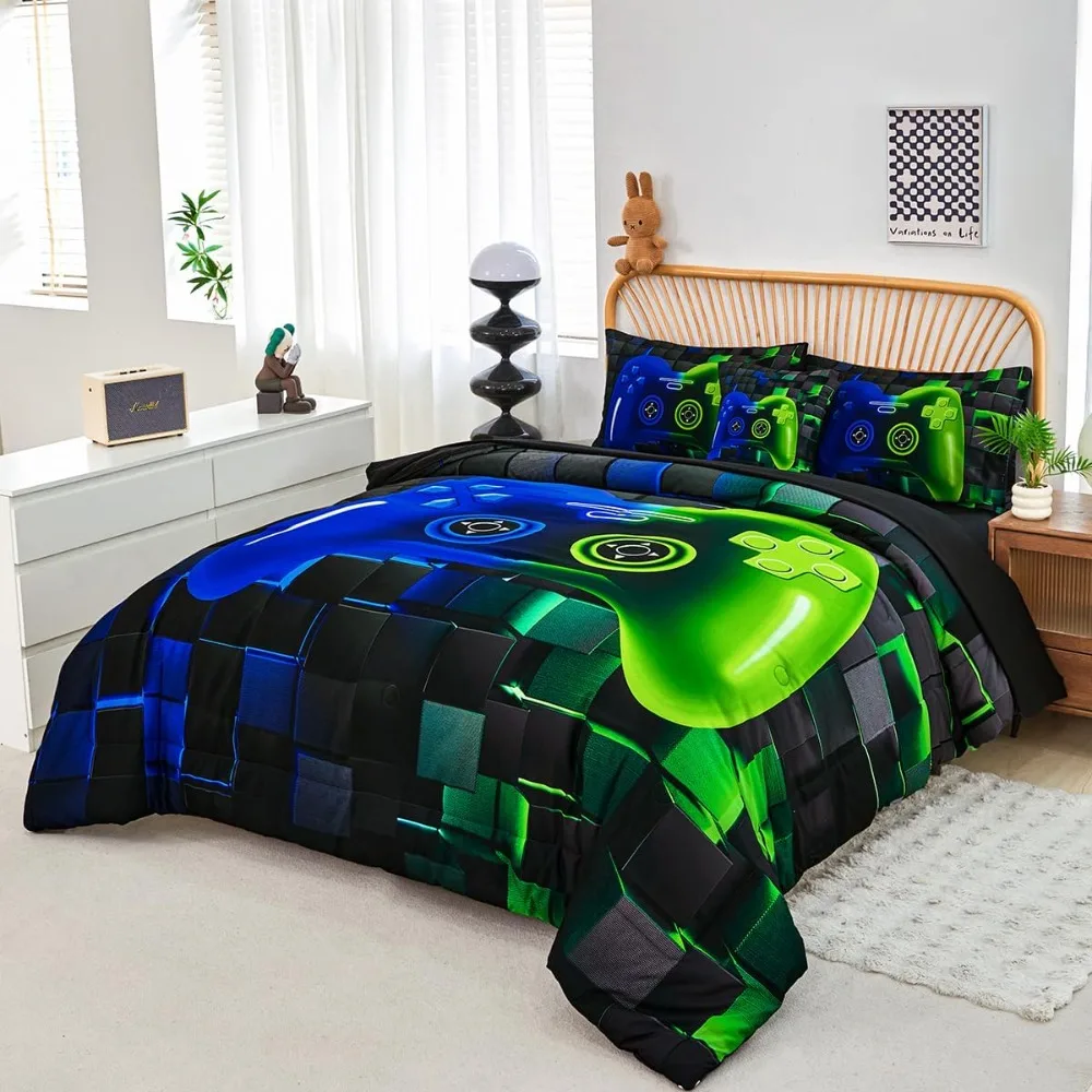 PERFEMET Jogo de 6 peças Cama de tamanho completo em uma bolsa para meninos Azul e Verde Conjunto de cama para videogame com lençóis macios e fofos impressos em 3D