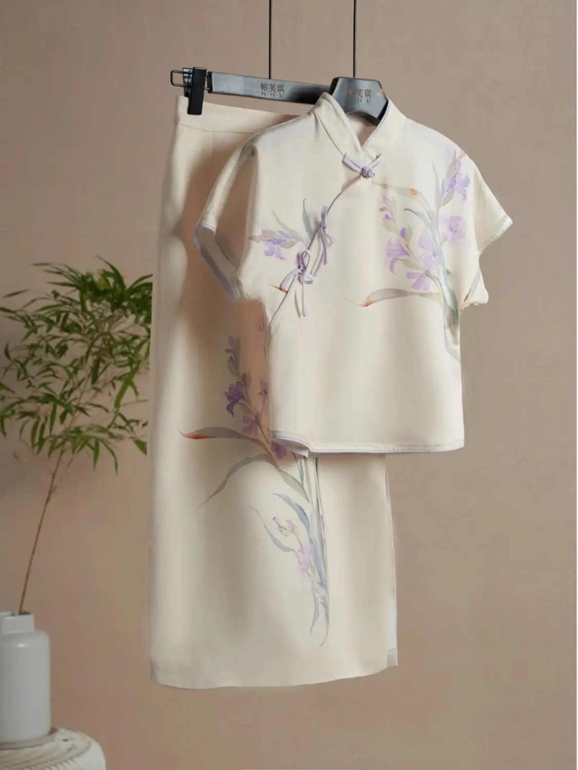 

2025 модный китайский комплект Cheongsam, юбка с цветочным принтом, блузка, женский летний элегантный наряд