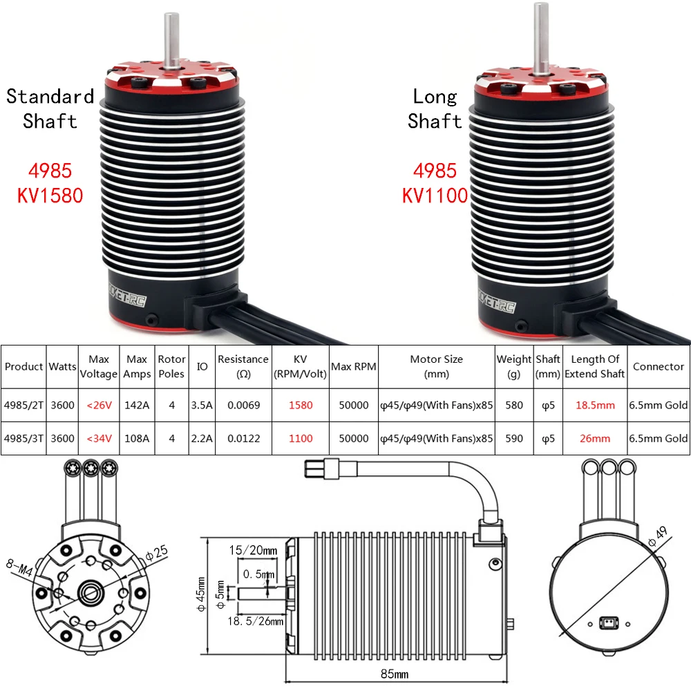 Surpass Hobby Rocket Supersonic V2 4985 1100KV/1580KV 3600W 4-pole 5mm Shaft Brushless Motor For 1/5 1/6 X-MAXX RC Monster Truck