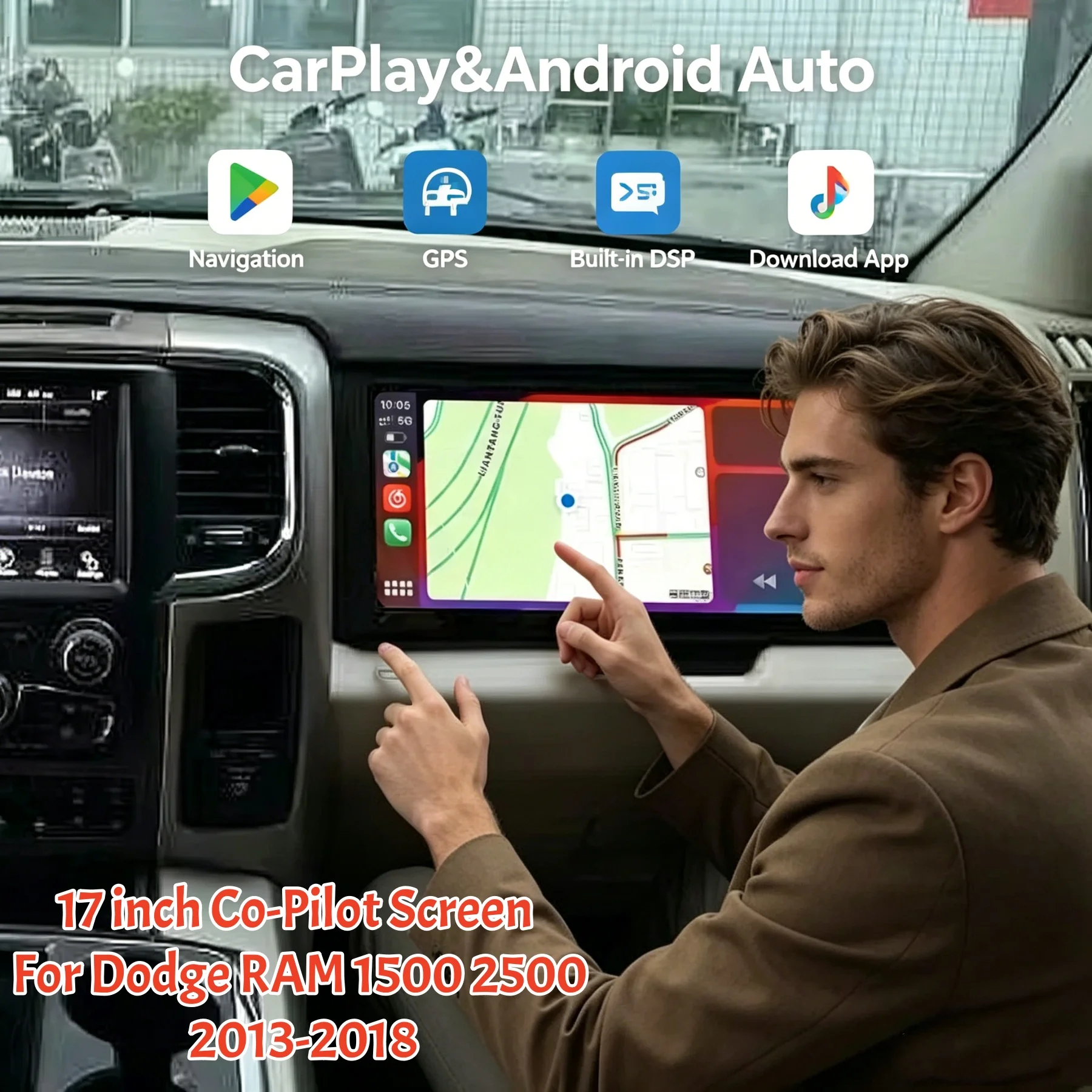

17inch Touch Co-Pilot Entertainment Screen For Dodge RAM 1500 2500 2013-2018 Android Auto Passenger Car Stereo GPS Multimedi
