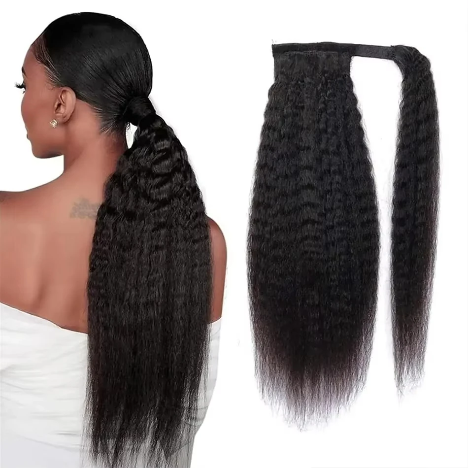 Kinky Straight Ponytaill Extensions Human Hair Wrap Around Clip in Ponytail Hair Extensions for Women Yaki Straight Hairpieces
