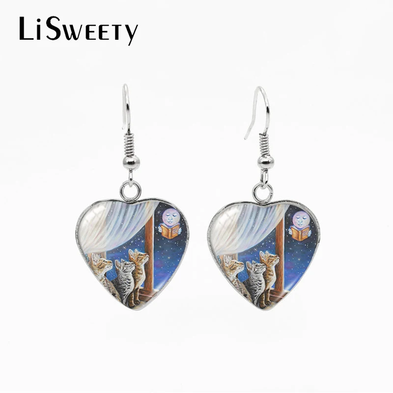 2021 New Arrival Funny Three Cats Reading the Book Paintings Heart Glass Cabochon Fish Hook Dangle Earrings Gifts for Girls