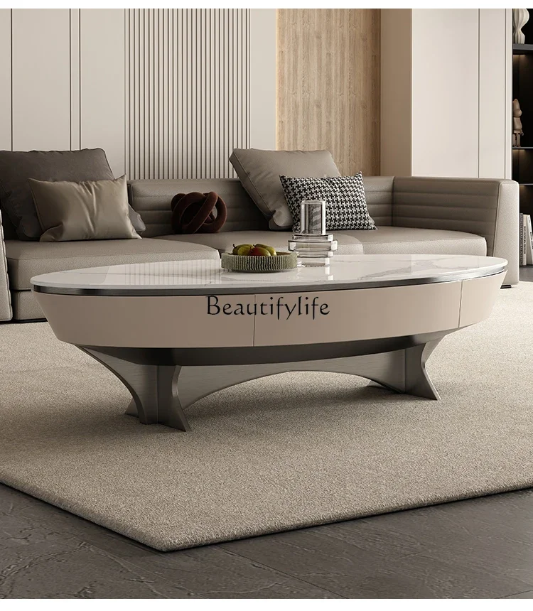 

Italian light luxury modern simple oval small apartment rock slab storage coffee table