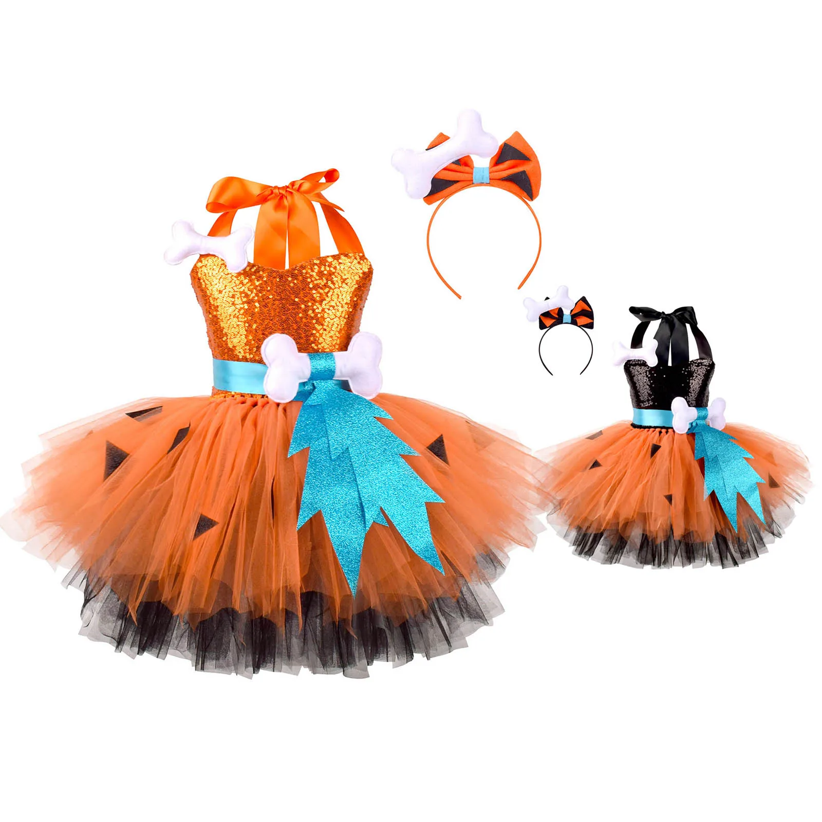 الفتيات هالوين تحت عنوان حفلة الكهف تأثيري ازياء Cavegirl الترتر فستان الرسن الرقبة ثلاثية الأبعاد العظام منتفخ تنورة مع مجموعات أغطية الرأس #6