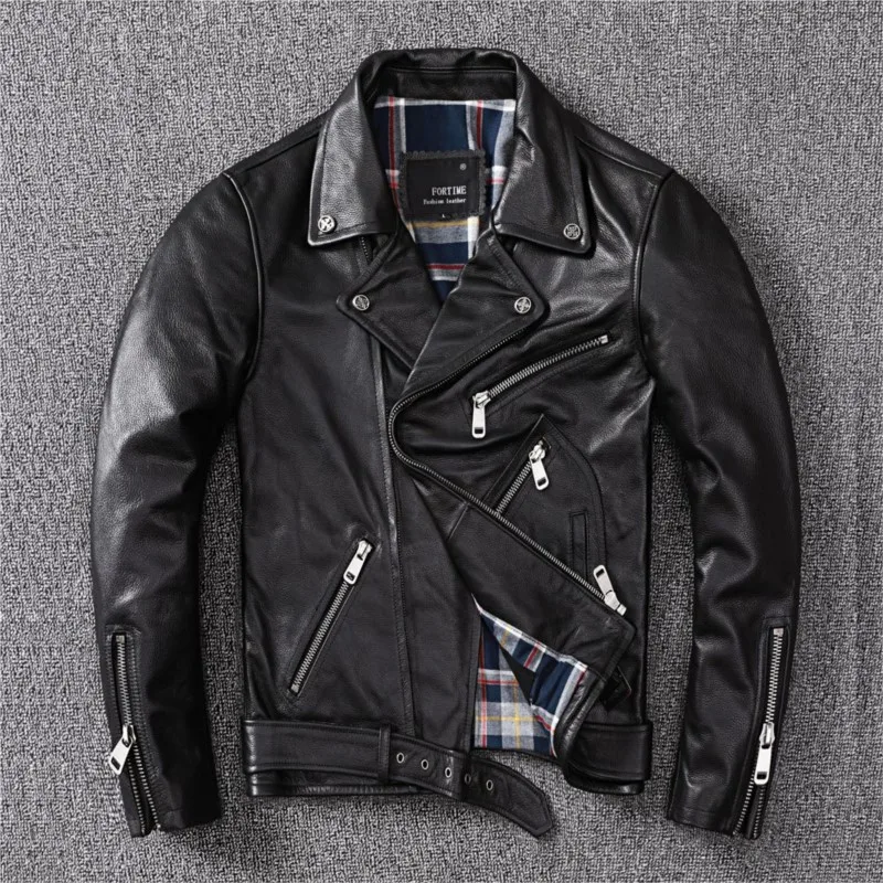 Leather men's top layer cowhide motorcycle cycling suit short and fashionable coat