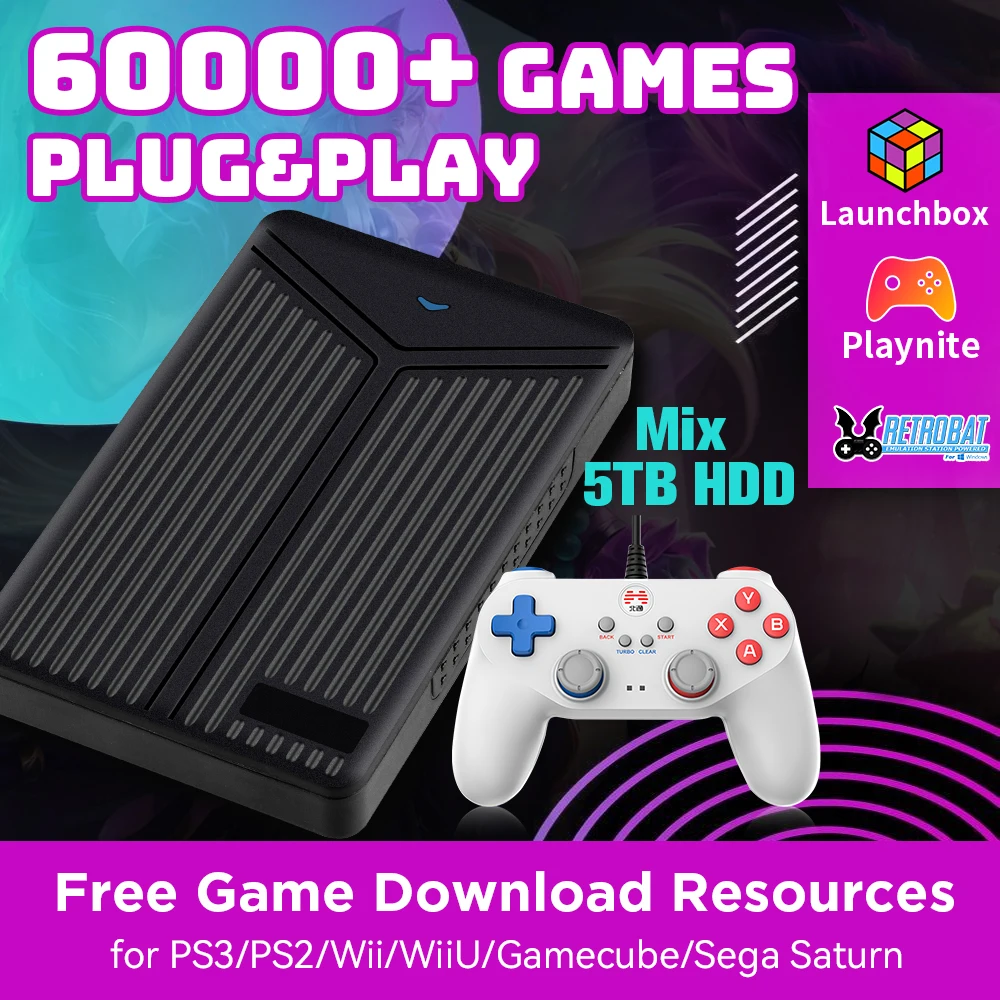 Mix 5TB Game Hard Drive with 60000+Retro&AAA&3D Games for PS3/PS2/PS1/PSP/Wii/WiiU/Gamecube/Sega Saturn for Windows 8.1/10/11 OS