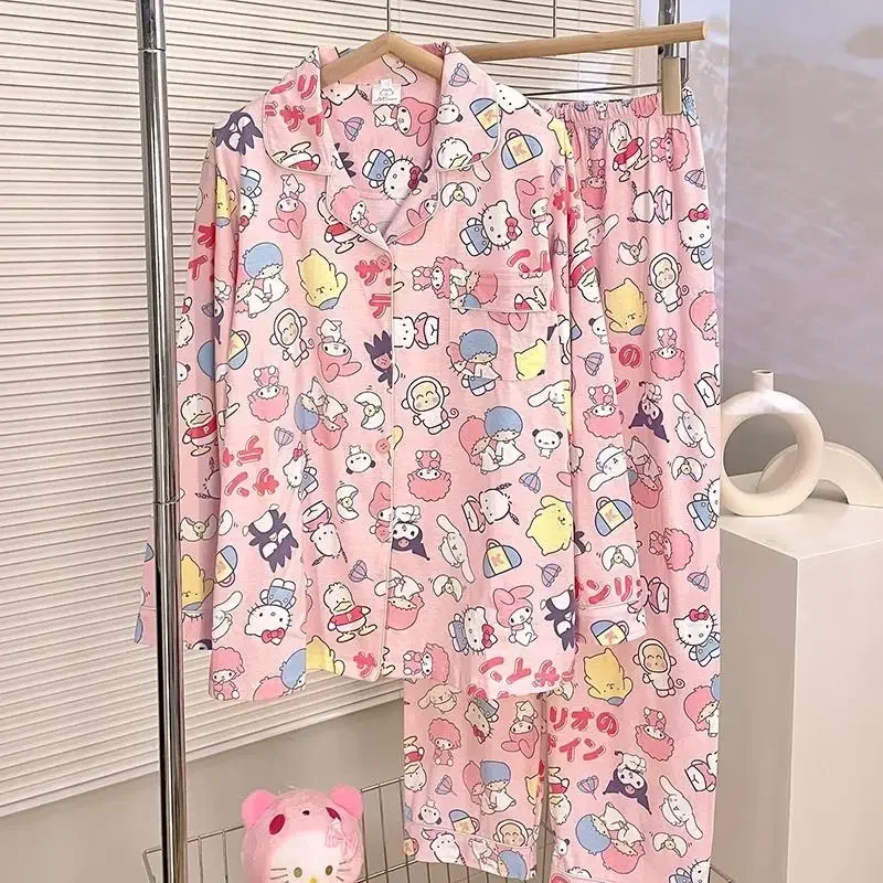 

Kawaii Cute Sanrio Hello Kitty My Melody Kuromi Printed Ladies Pajamas Anime Pochacco Spring Autumn Lapel Cardigan Loungewear