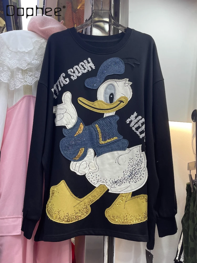 Cartoon Duck Patch Embroidered Crew Neck Sweatshirt Long Sleeve Women 2025 Early Autumn New Pullover Top Oversized Sweatshirts