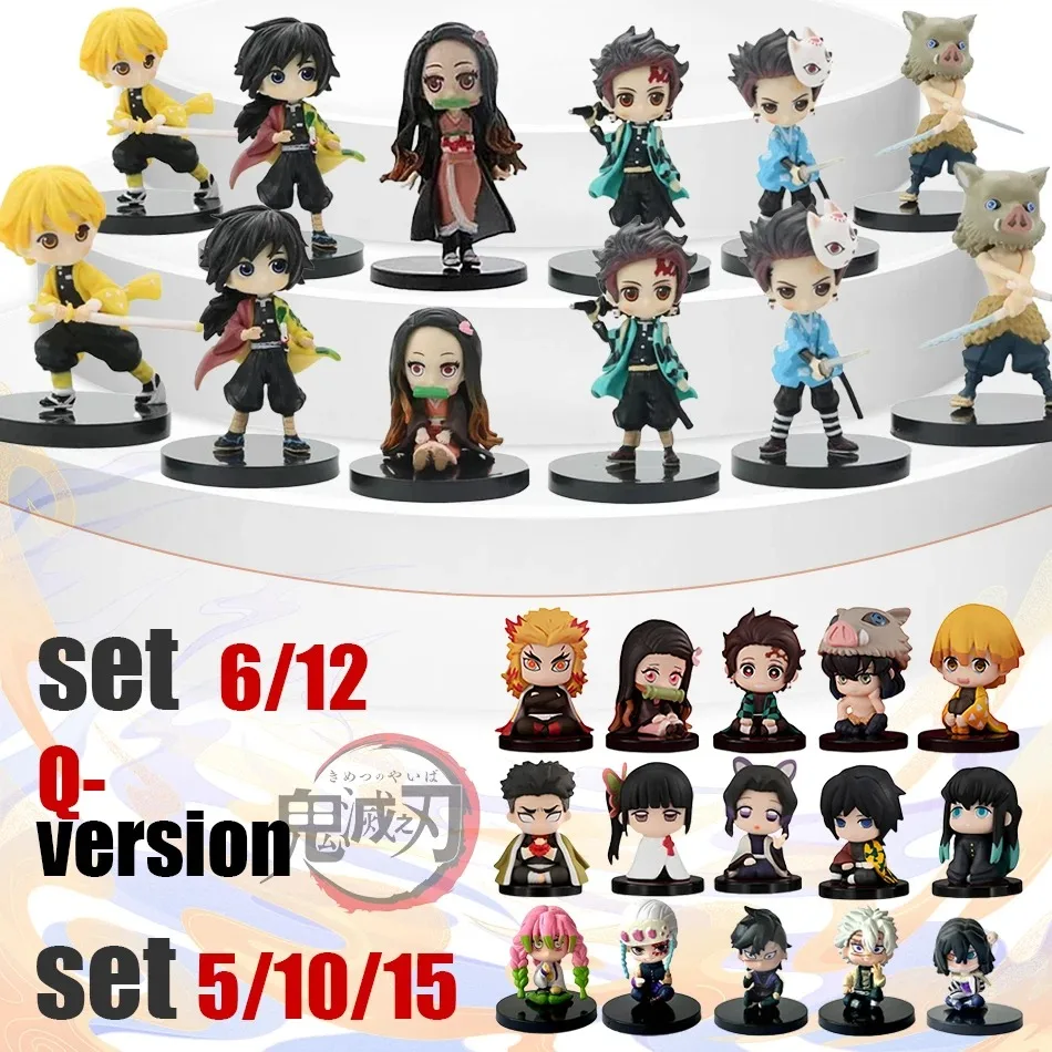 Figuras Q Posket al por Mayor, Mini Figuras de Demon Slayer, Sets de 5, 10, 12 y 15 Piezas, Muñecos Pequeños de PVC de Kimetsu No Yaiba, Decoración de Escritorio