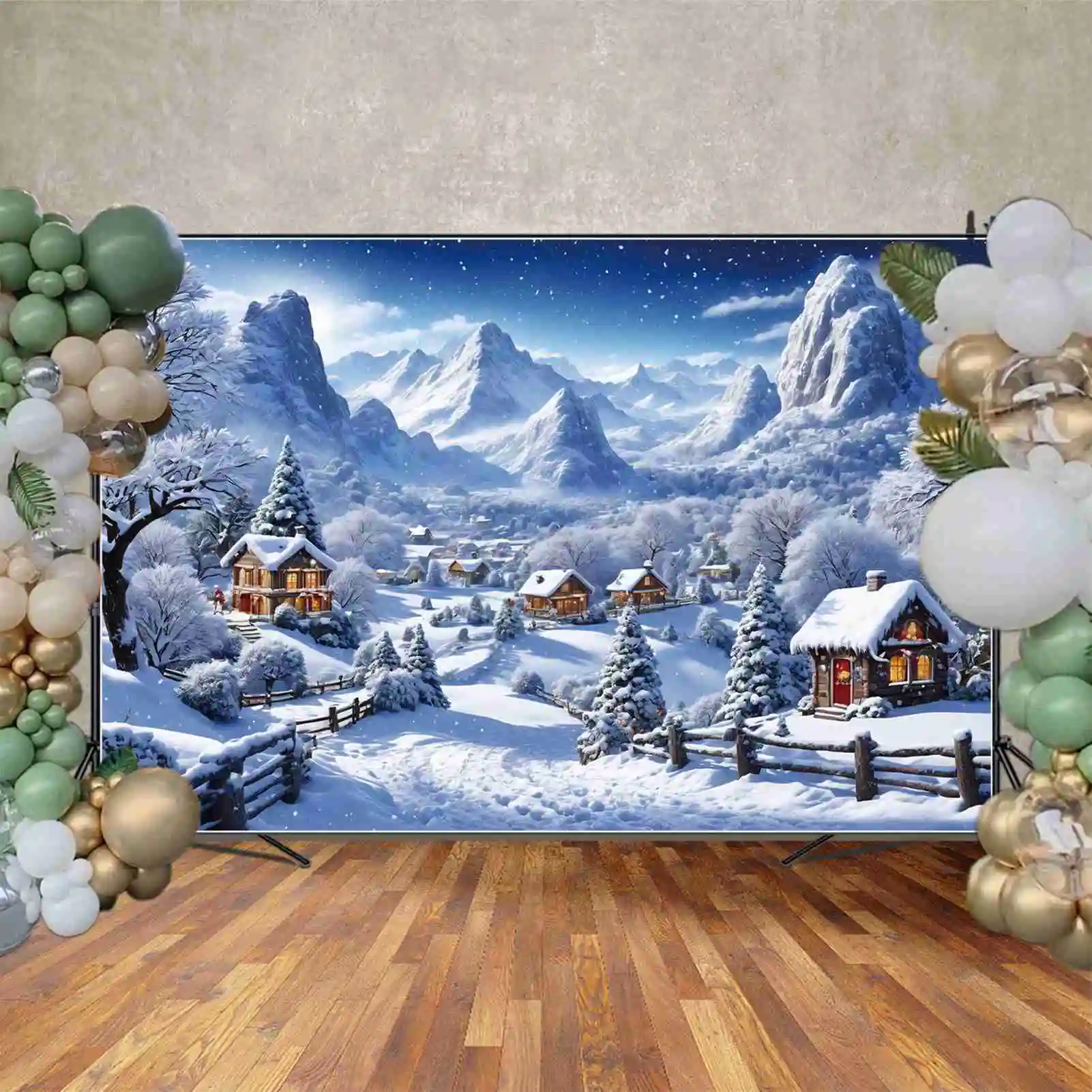 MOON.QG Backdrop Christmas Village Photozone Background Wood House Winter Decoration Snow Mountain Road Photocall Shooting Props