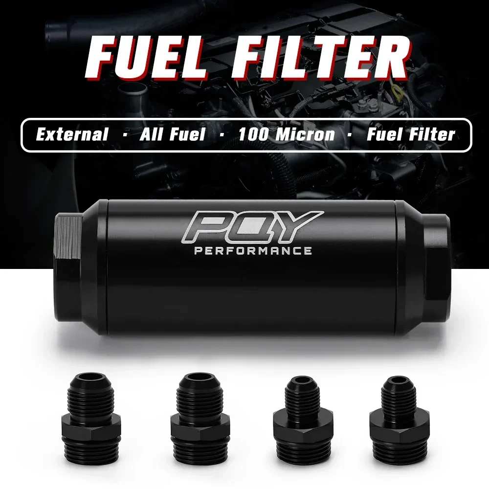 Free ship - ID=44mm BLACK New Fuel filter with 2pcs AN6 AN8 adaptor fittings with 60micron steel element With PQY logo JR5565