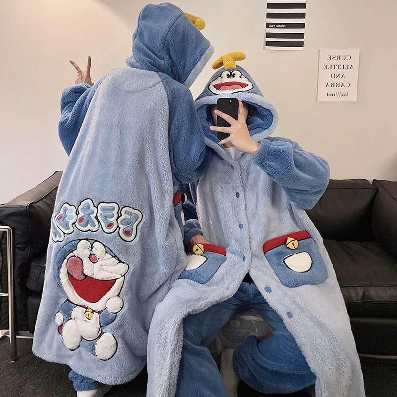 Anime Cartoon Doraemon Girls Winter Coral Fleece Thick Hooded Pajamas Cute New Indoor Warm Plush Nightgown Set Holiday Gifts