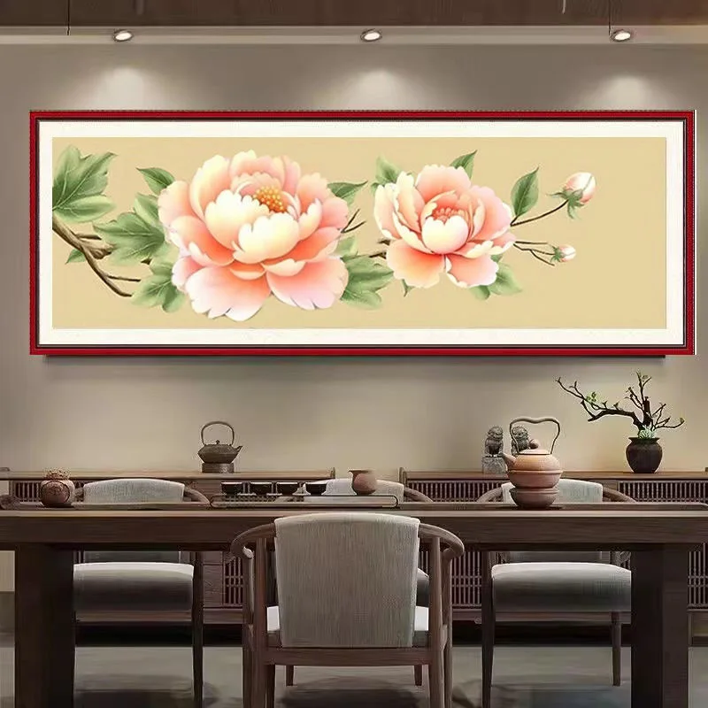 

80x30cm DIY Cross Stitch Kit Woven Silk Canva Rose Peony Flower Embroidery Pattern Needlework Wall Decor for Family Blessing