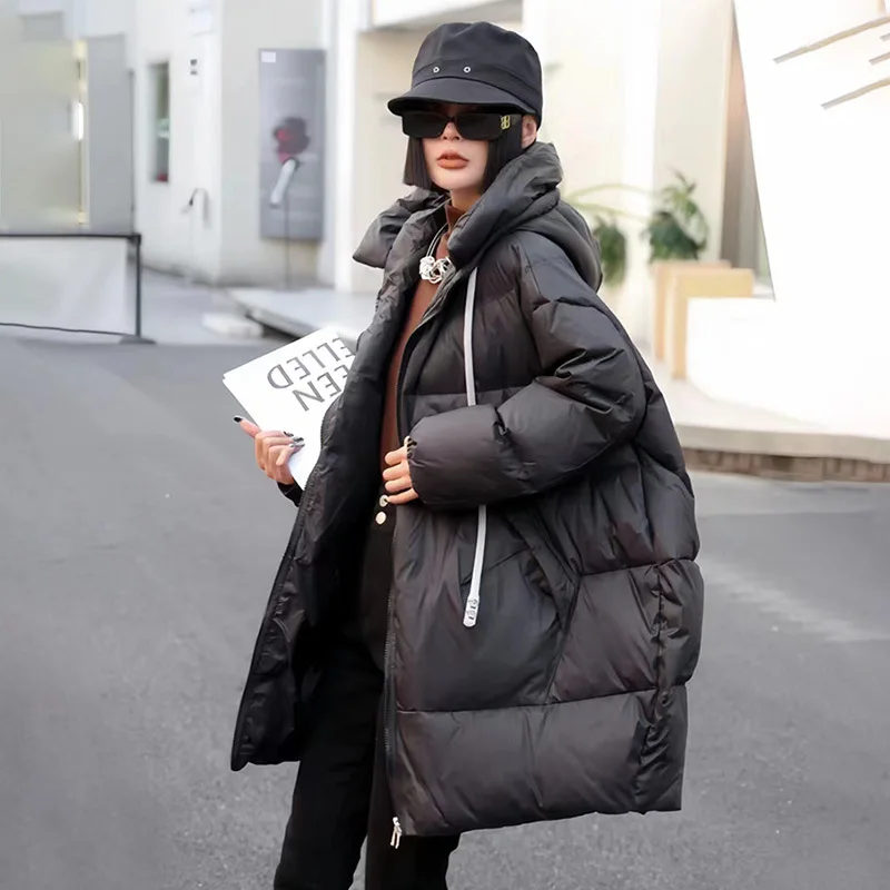Women\'s Winter Jacket New Thick Warm Large Version Outwear Fashion Casual White Duck Down Loose Mid-length Hooded Down Jacket