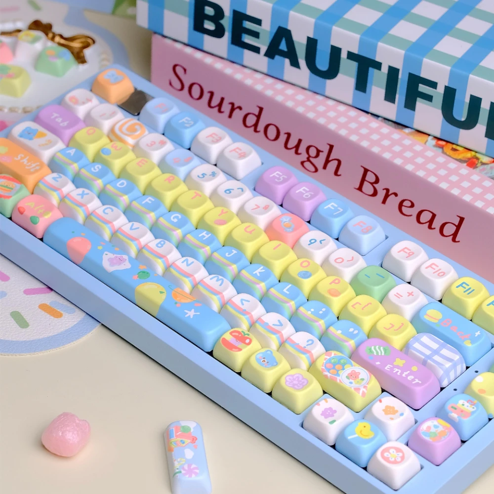 cute cartoon xoa sublimacao keycaps pbt full five sided sublimacao cor amarelo e azul candy party 136 chaves 01