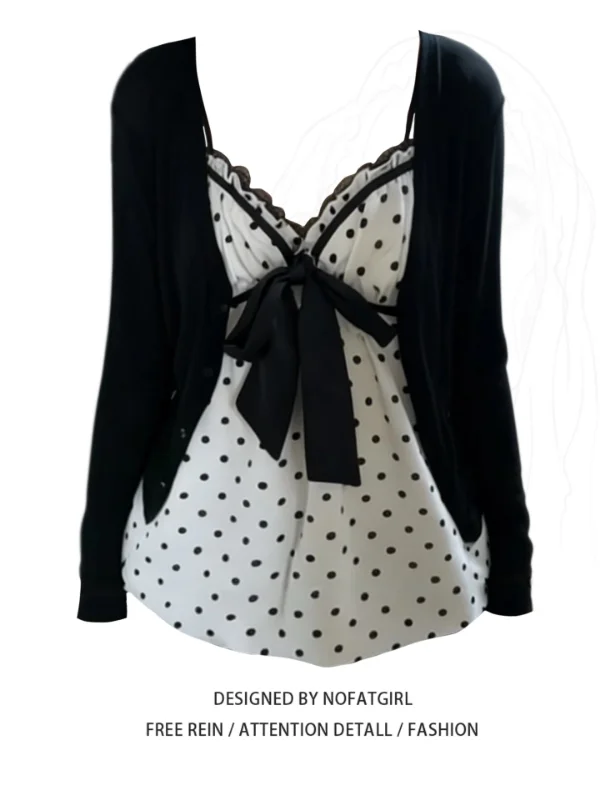 plus Size Women's Sweet Spicy Retro Polka Dot Halter Top And Bottom Set with  Knot Long Sleeve Commute Style for Aut...