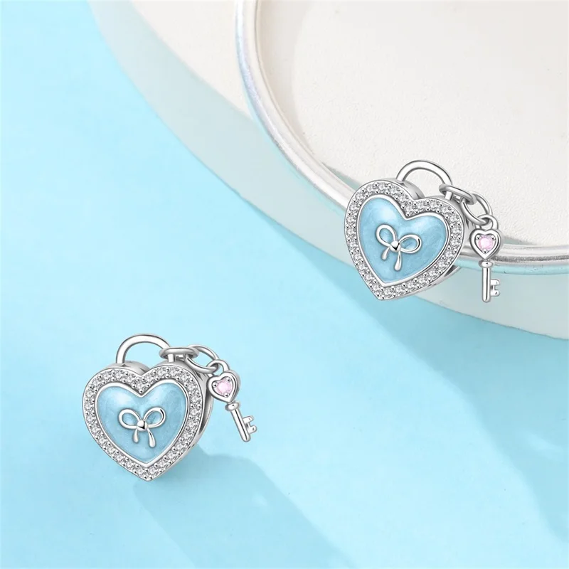 

925 Sterling Silver Blue Romantic Heart Lock Sparkling Zircon Charms Bead Fit Original Bracelet DIY Women Birthday Jewelry Gifts