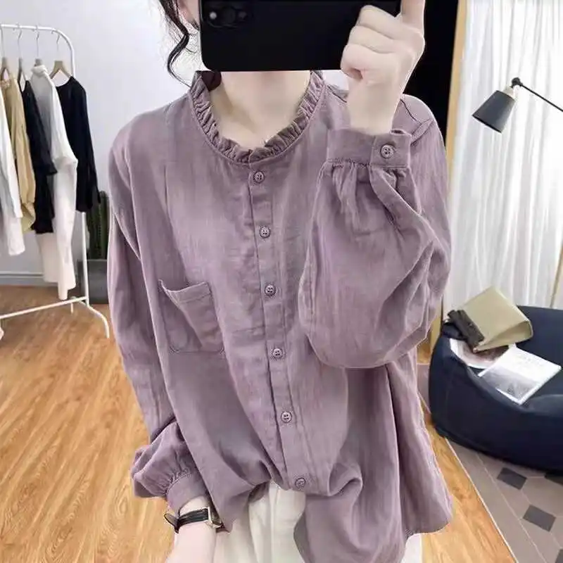

Retro Hong Kong Sle Pure Cotton Loose Workwear irt Women's Spring Autumn New Design Lace Collar Small ence Open Cardi...