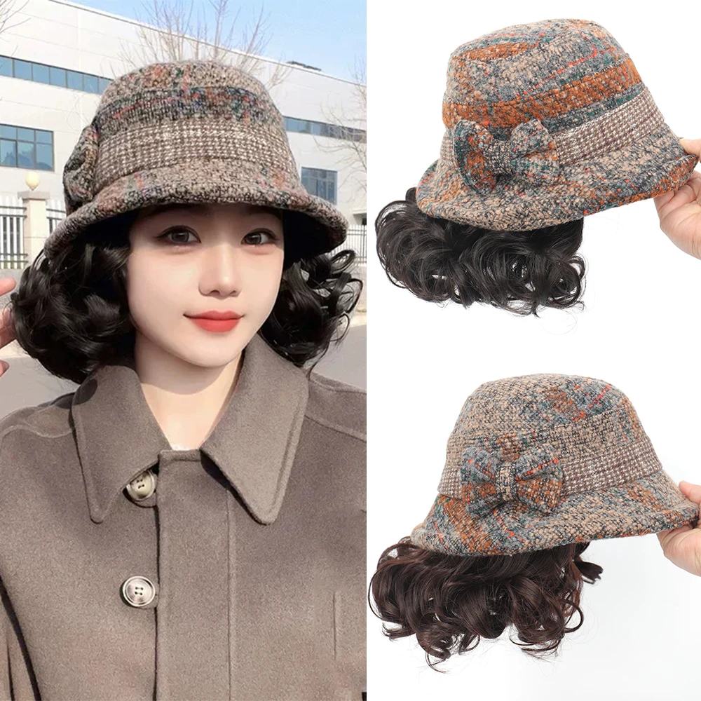 Synthetic 6inch Blue Bow Fisherman's Hat Slouchy Curl Wig Brown Princess Curl Lo Coldproof Warm Horse Roll Christmas Gift