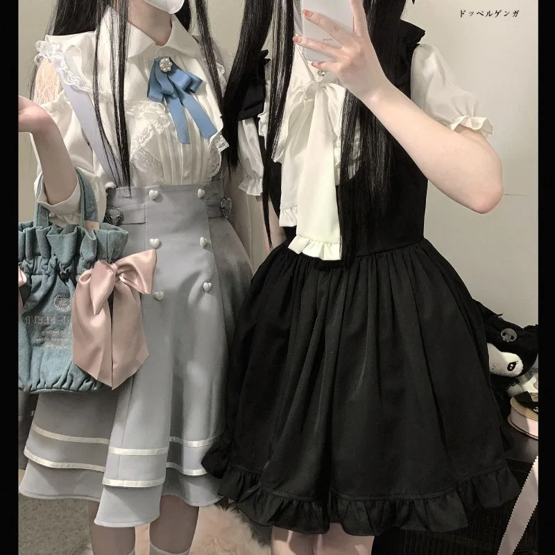 الصيف Kawaii Y2k لوليتا قميص اليابانية Harajuku الحلو الدانتيل الكشكشة القوس كم طويل البلوزات النساء لوليتا الملابس الجمالية القمم #3