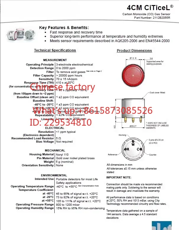Imported original 4CM CITY CITICEL carbon monoxide sensor CO probe coal mine specific