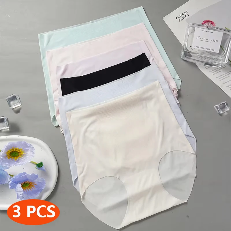 

3PCS High Waist Ice Silk Seamless Underwear Ladies Summer Ultra-Thin Sense Quick-Drying Panties L-2XL Women Fitness Briefs