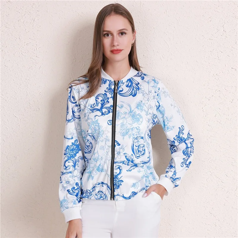 Giacca da donna Vintage autunno stampa floreale moda donna Zipper Up manica lunga cappotti Casual Slim Basic Bomber 2023 nuovo