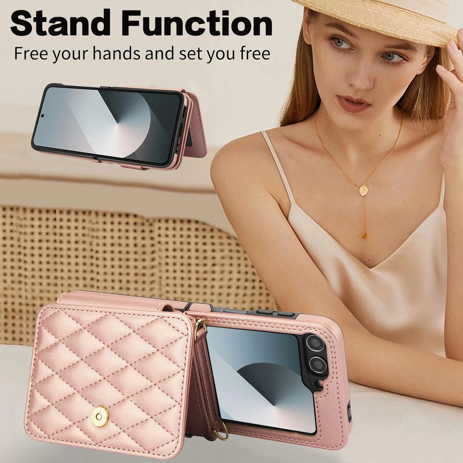 Skórzane etui na karty z zamkiem błyskawicznym do Samsung Galaxy Z Flip 7 FE 6 5 4 Grid Pattern Flip6 Flip5 Long Lanyard Cover — zdjęcie produktu 5