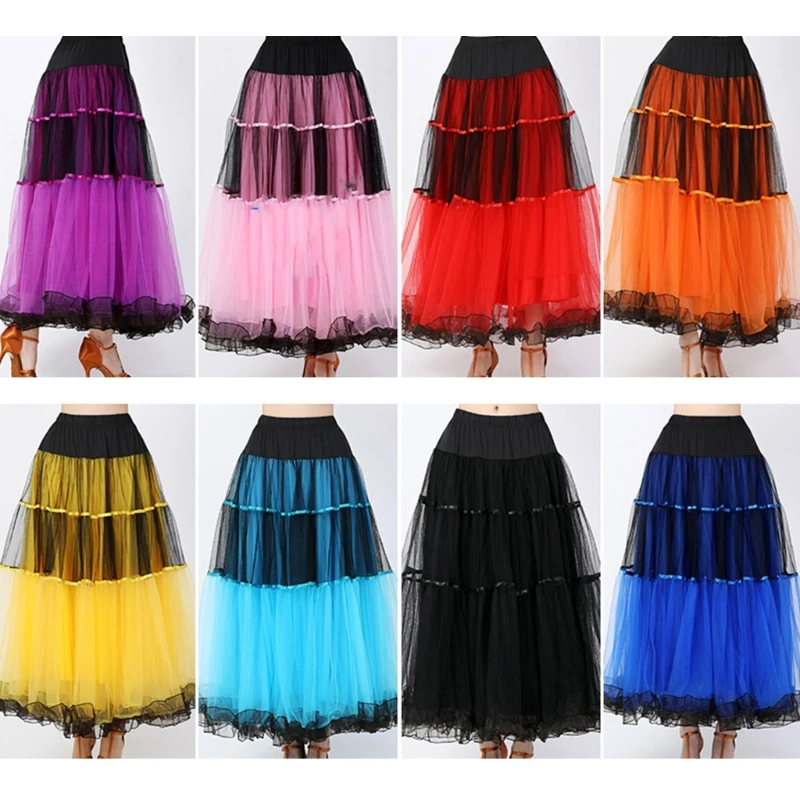 Women Elegant Swing Long Skirt Tiered Ruffle Mesh Waltz Ballroom Dance Skirt