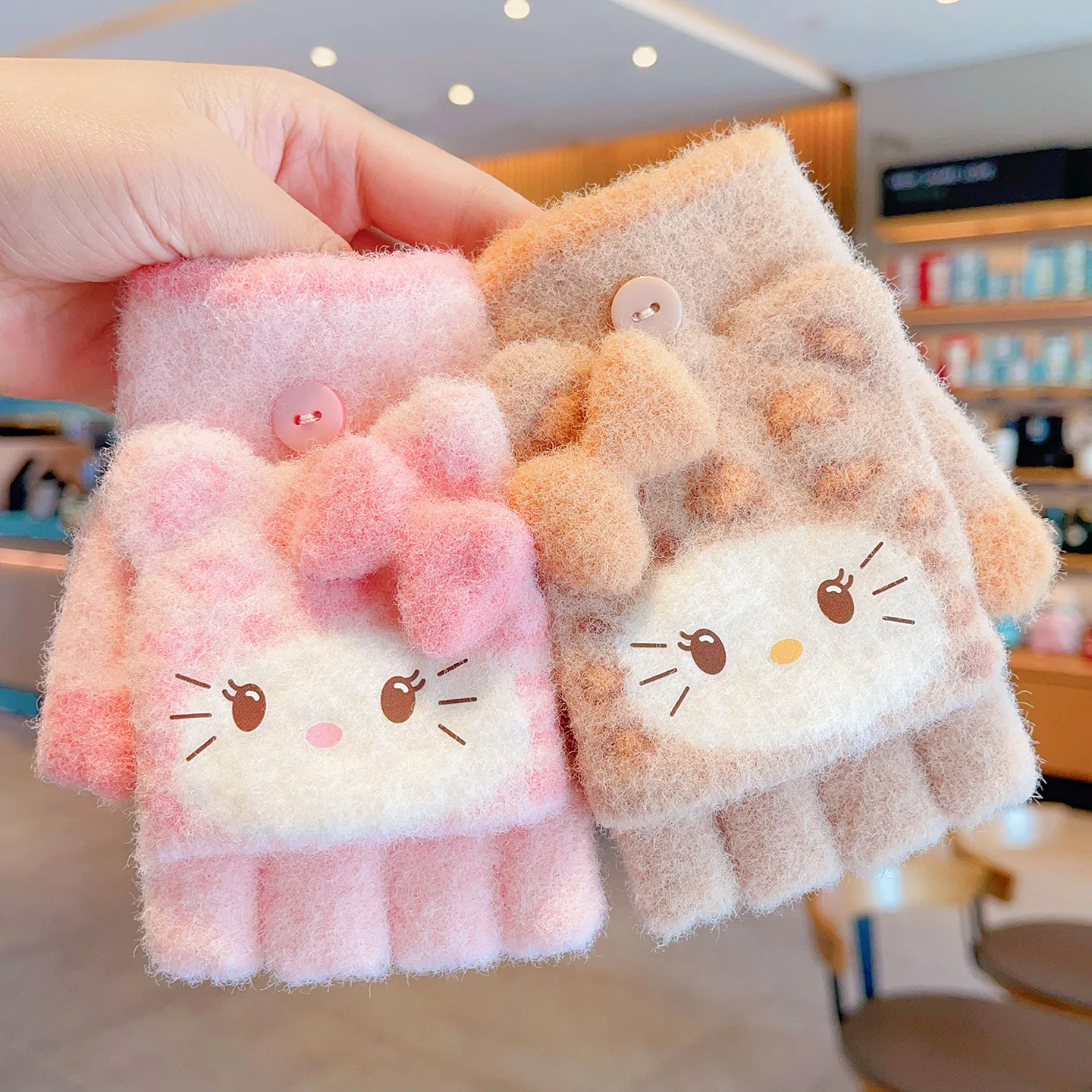 

Kawaii Sanrio Hello Kitty Half Finger Gloves Children's Thick Warm Five Finger Gloves Student Writing Girls Birthday Gifts Toys