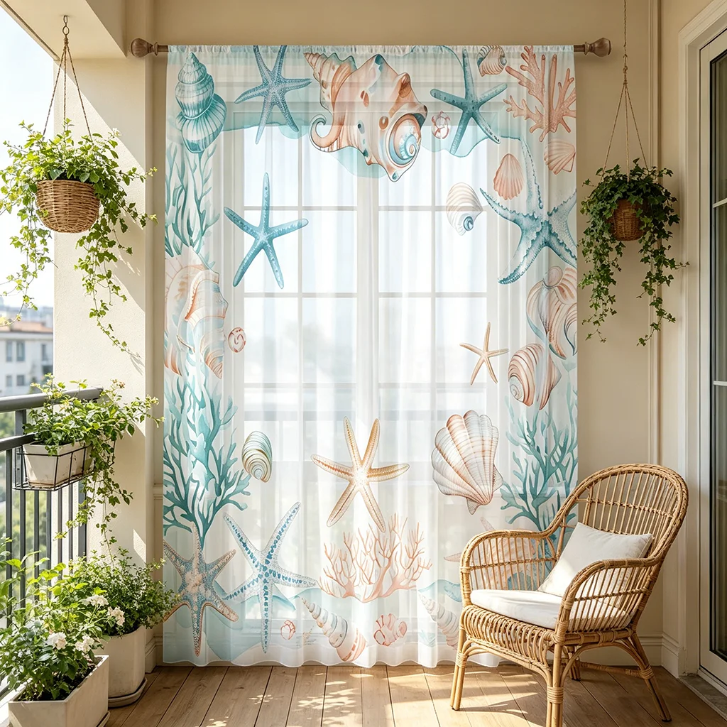 1PC Sheer Curtain, Watercolor Ocean Starfish & Seashell Print, Rod Pocket Sheer Drapes for Bedroom Living Room Decor