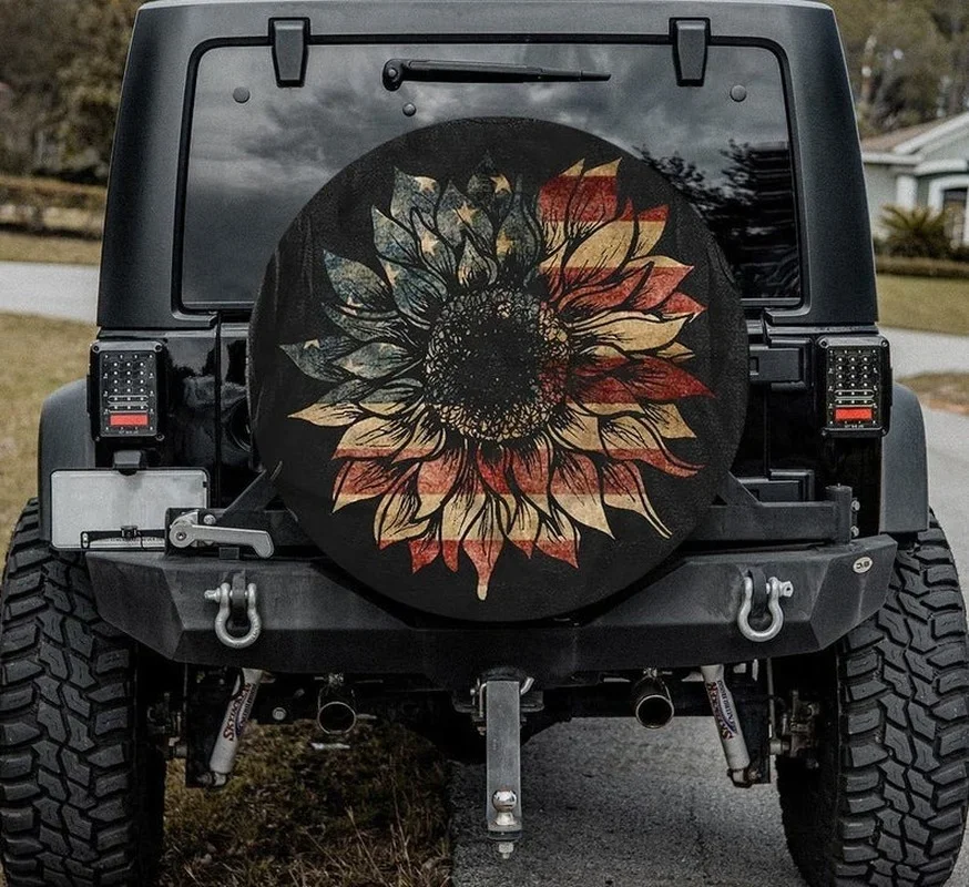 Sunflower American Flag Hippie Tire Cover Universal Wheel Tire Cover for Trailer, RV, SUV, Truck