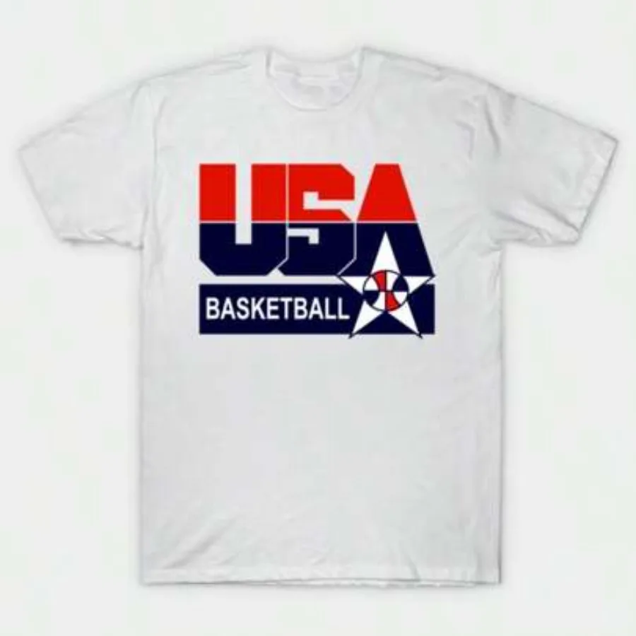 USA Basketball Vintage Graphic T-Shirt, White Casual Crew Neck Short Sleeve Tee, Retro 90s Dream Team Inspired Cotton Blend Top