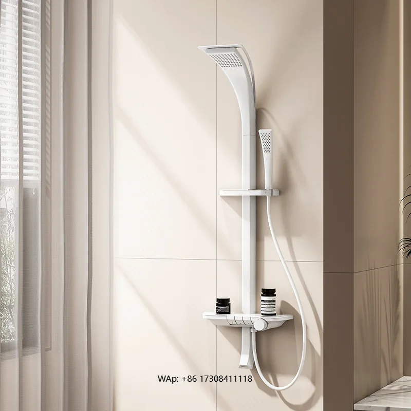 Juego de grifos de columna de ducha de baño de cerámica termostática de un solo mango de latón con rociador de lluvia blanco y negro