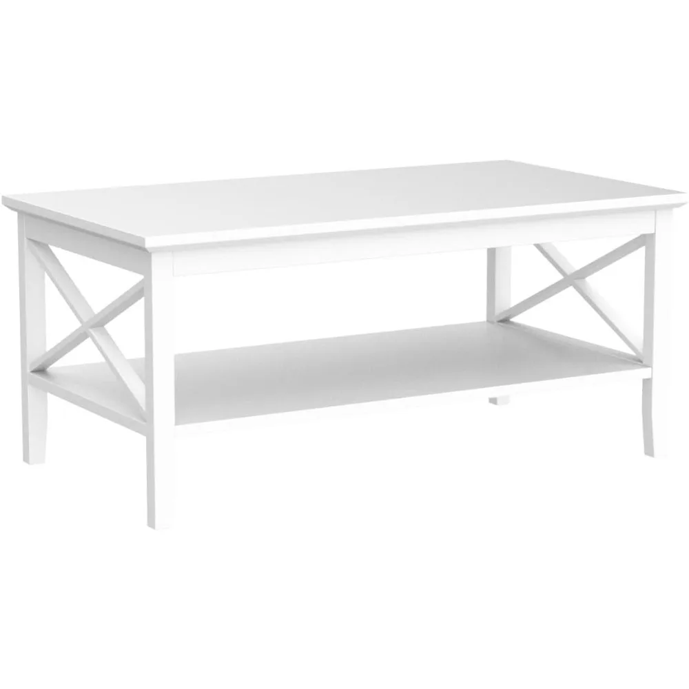 White Coffee Table Classic X Design for Living Room, Rectangular Modern Cocktail Table with Storage Shelf, 39 Inch